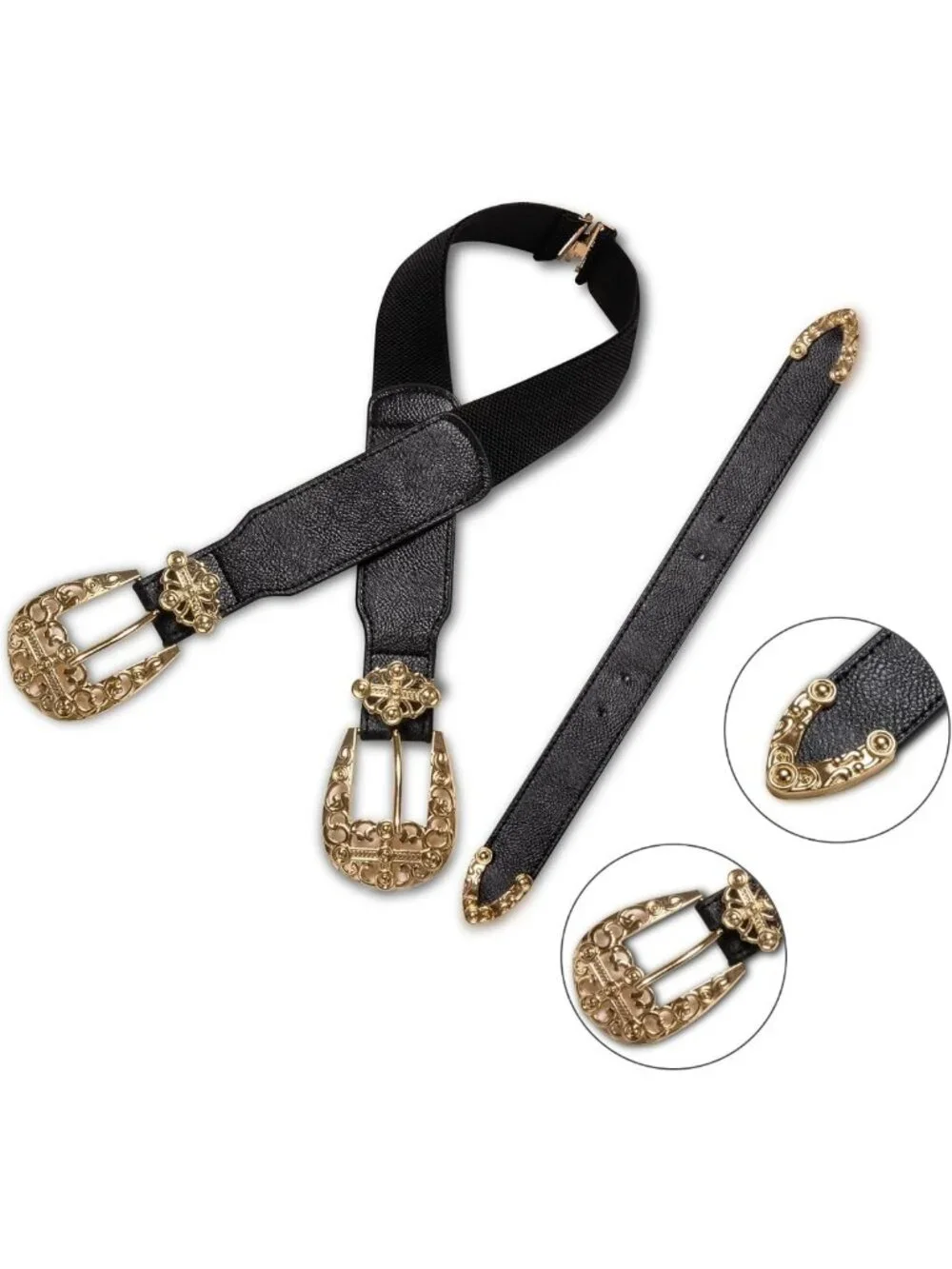 Vintage Western Leather Belt with Chain, Adjustable Double Buckle for Dresses